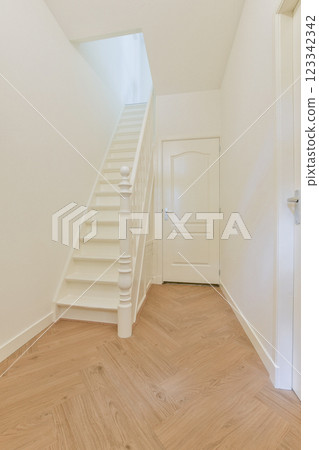 A bright and modern interior space featuring a staircase, a door, and light wood flooring, embodying contemporary design elements. 123342342