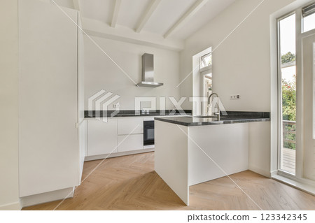 A sleek and contemporary kitchen showcasing a minimalist design, featuring white cabinetry, a black countertop, and a spacious layout. Natural light enhances the ambience. 123342345