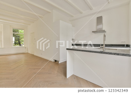 Contemporary kitchen design featuring sleek cabinetry and an open layout, providing a sense of spaciousness and modern aesthetics. 123342349