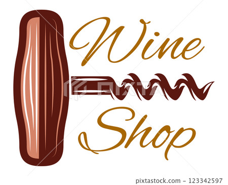 Stylish cursive text Wine Shop paired with a detailed illustration of a wine bottle opener for a classic and elegant design 123342597