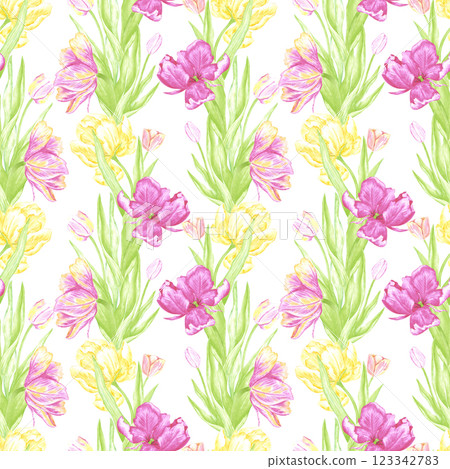 Hand drawn watercolor pink and yellow tulips with green leaves seamless pattern. Illustration isolated on white background. Can be used for textile, fabric, wrapping and other printed products. 123342783