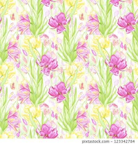 Hand drawn watercolor pink and yellow tulips with green leaves seamless pattern. Illustration isolated on white background. Can be used for textile, fabric, wrapping and other printed products. 123342784