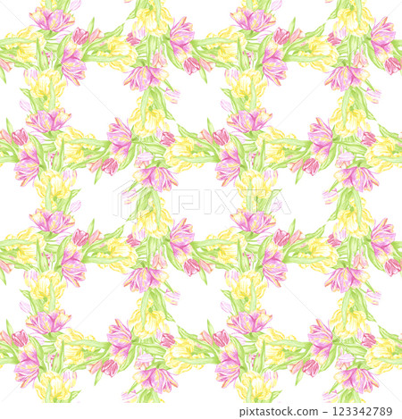Hand drawn watercolor pink and yellow tulips with green leaves wreath seamless pattern. Illustration isolated on white background. Can be used for textile, fabric, wrapping and other printed products. Hand drawn watercolor pink and yellow tulips with green leaves wreath seamless pattern. Illustration isolated on white background. Can be used for textile, fabric, wrapping and other printed products. 123342789