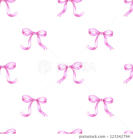 Hand drawn watercolor pink bow seamless pattern. Illustration isolated on white background. Can be used for textile, fabric, wrapping and other printed products. Hand drawn watercolor pink bow seamless pattern. Illustration isolated on white background. Can be used for textile, fabric, wrapping and other printed products. 123342794
