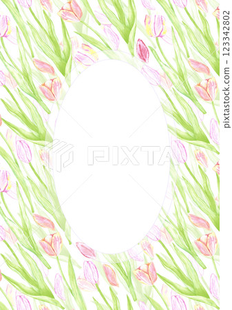 Hand drawn watercolor tulips with green leaves postcard frame border. Illustration of flowers isolated on white background. Can be used for postcard, invitation, front page and other printed products. 123342802