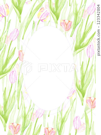 Hand drawn watercolor tulips with green leaves postcard frame border. Illustration of flowers isolated on white background. Can be used for postcard, invitation, front page and other printed products. Hand drawn watercolor tulips with green leaves postcard frame border. Illustration of flowers isolated on white background. Can be used for postcard, invitation, front page and other printed products. 123342804