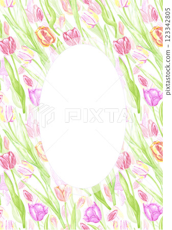 Hand drawn watercolor tulips with green leaves postcard frame border. Illustration of flowers isolated on white background. Can be used for postcard, invitation, front page and other printed products. Hand drawn watercolor tulips with green leaves postcard frame border. Illustration of flowers isolated on white background. Can be used for postcard, invitation, front page and other printed products. 123342805