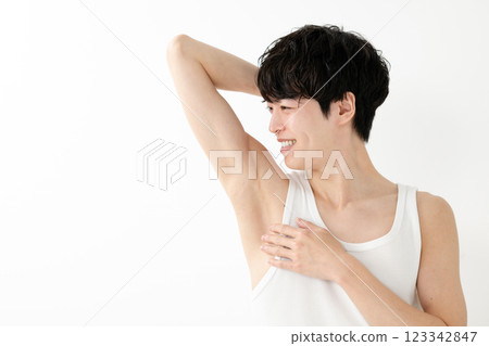 微笑的男人，腋毛去除，美容 123342847