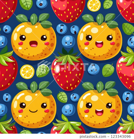 Brightly Colored Fruit Pattern Illustration with Citrus and Berries 123343096