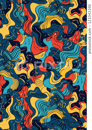 An energetic abstract design of intertwining waves in bold primary colors 123343100