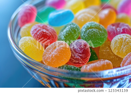 Colorful Assorted Gummy Candies in a Glass Bowl on Bokeh Background 123343139