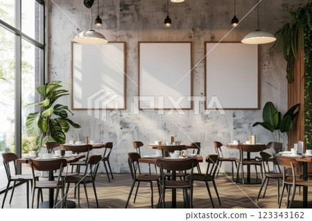 Modern Cafe Interior with Blank Art Canvas on Wall 123343162