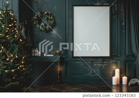 Elegant Christmas Tree With Presents and Blank Frame in Stylish Interior 123343163