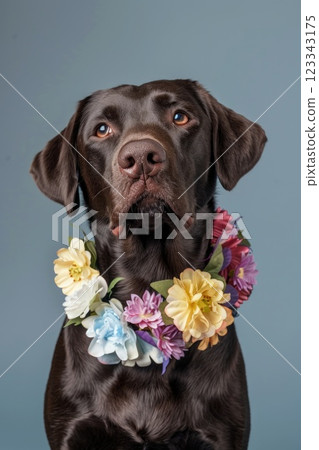 Chocolate Labrador Retriever Wearing Colorful Floral Leis on Pastel Background 123343175