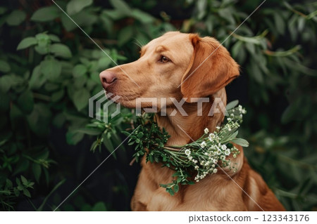 Elegant Dog Adorned with Colorful Flower Collar on Nature Background Elegant Dog Adorned with Colorful Flower Collar on Nature Background 123343176