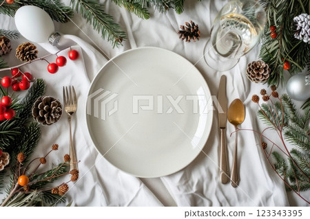 Festive Christmas Table Setting with Empty White Plate and Holiday Decorations Festive Christmas Table Setting with Empty White Plate and Holiday Decorations 123343395