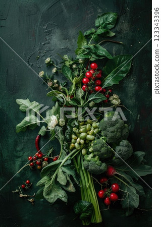 Fresh Vegetables and Herbs on Dark Rustic Background - Healthy Eating Concept 123343396