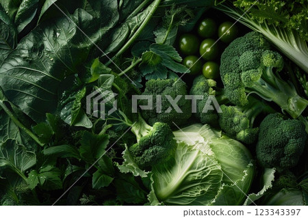 Fresh Green Vegetables and Herbs on Dark Rustic Background 123343397
