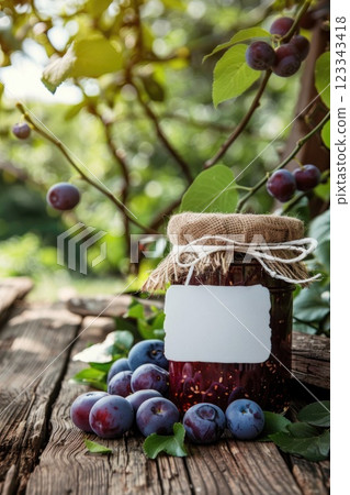 Homemade Plum Jam in Glass Jar Amidst Orchard Sunlight 123343418