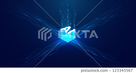 Isometric AI chip with light blue elements on technology background. Isometric AI chip with light blue elements on technology background. 123343567