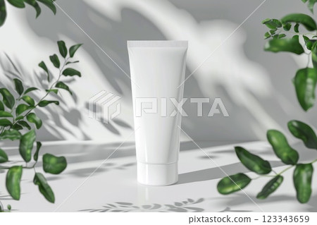 Eco-Friendly Cosmetic Cream Tube with Green Plant Leaves Shadow Play 123343659