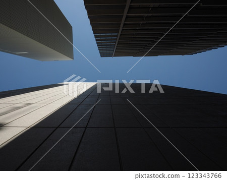 Looking up at the gap between buildings, Omori, Ota Ward, Tokyo Looking up at the gap between buildings, Omori, Ota Ward, Tokyo 123343766