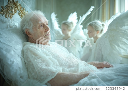 Soul's departure: A profound moment as the soul separates from the body, embarking on its journey beyond, greeted by angels in a serene passage between life and the afterlife 123343942