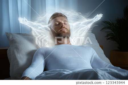 Soul's departure: A profound moment as the soul separates from the body, embarking on its journey beyond, greeted by angels in a serene passage between life and the afterlife 123343944