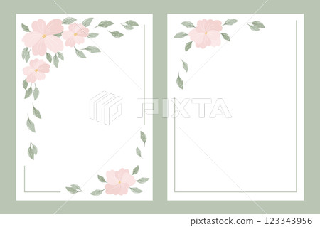 Set of wedding invitation cards with delicate pink flowers and green leaves on white background. Design for birthday, anniversary 123343956