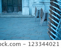 Silent cafe chairs line the streets of Venice 123344021