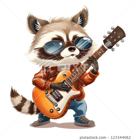 Cool Cartoon Raccoon Playing Guitar with Sunglasses and Denim Outfit 123344062