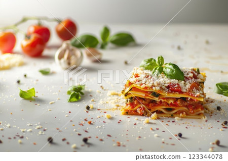 Fresh Homemade Lasagna with Basil Garnish and Cherry Tomatoes on Rustic Table 123344078