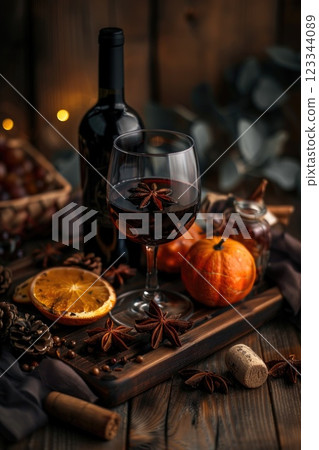 Autumn Wine Setting with Red Wine Glass, Pumpkins, and Spices on Wooden Table Autumn Wine Setting with Red Wine Glass, Pumpkins, and Spices on Wooden Table 123344089