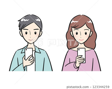 Set of young men and women looking at smartphone screens 123344259