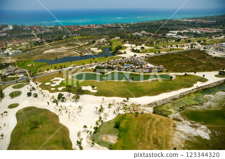Elevevated view of golf course Elevevated view of golf course 123344320