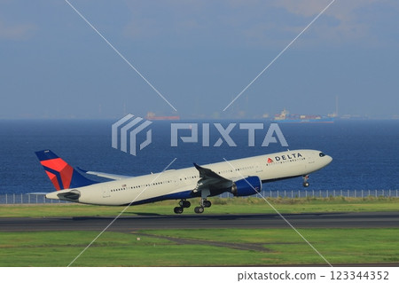 Passenger plane taking off, passenger plane ascending 123344352
