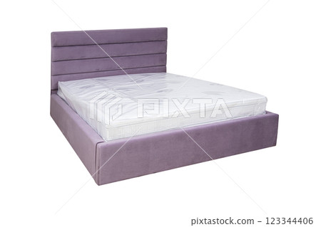 Double bed with soft headboard. Cushioned furniture. 123344406
