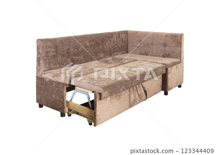 Brown sofa unfolded. Upholstered furniture made of velor fabric. 123344409