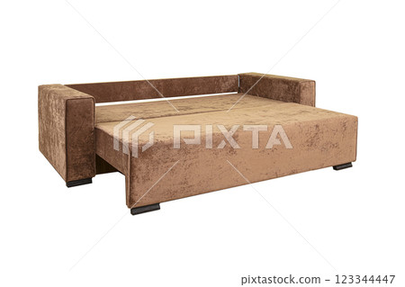 Brown unfolded sofa with velor fabric pillows isolated on a white background. Cushioned furniture. 123344447