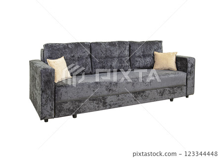 Gray sofa with velor fabric pillows isolated on a white background. Cushioned furniture. 123344448