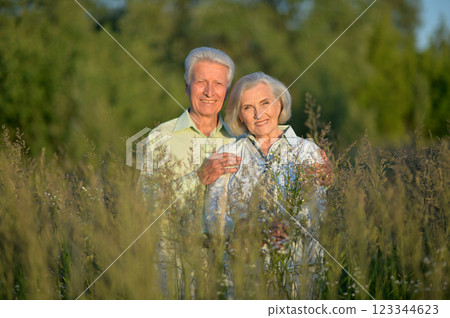 Loving mature couple in the park in summer Loving mature couple in the park in summer 123344623