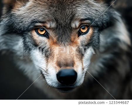Close-up portrait of a wolf with piercing golden eyes and detailed fur Close-up portrait of a wolf with piercing golden eyes and detailed fur 123344687