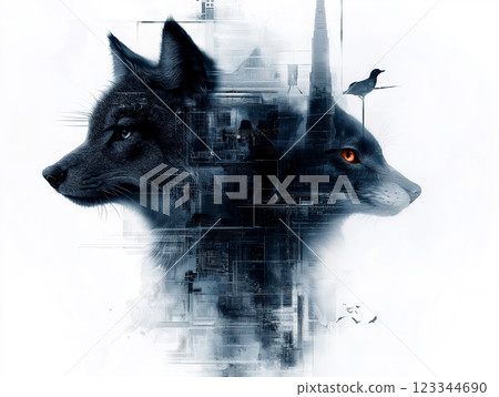 Surreal digital artwork of two wolves facing opposite directions 123344690
