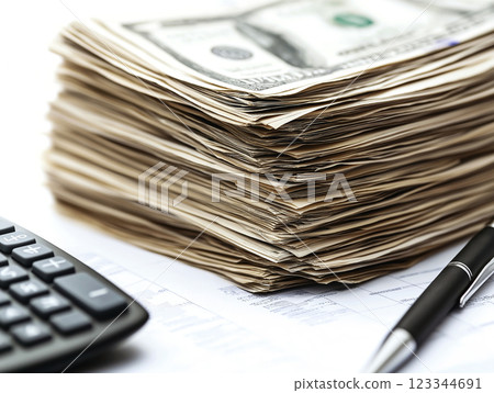 Large stack of cash bills with a pen on a white background 123344691