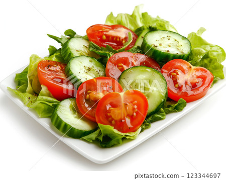 Fresh vegetable salad with sliced tomatoes, cucumbers, and lettuce on a white plate Fresh vegetable salad with sliced tomatoes, cucumbers, and lettuce on a white plate 123344697