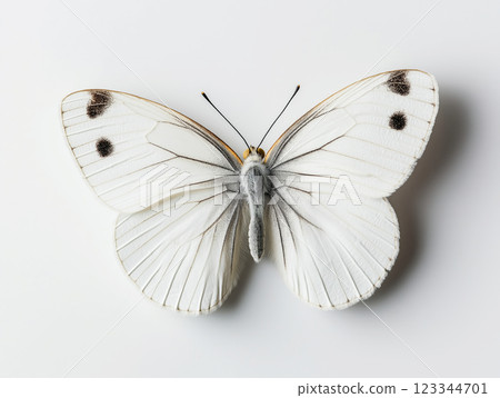 White butterfly with black spots on its wings, symmetrically White butterfly with black spots on its wings, symmetrically 123344701
