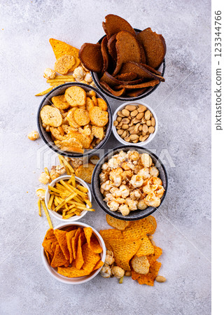 Beer and different snacks for Superbowl or football party 123344766