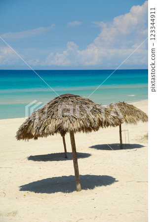 Parasols on exotic beach Cuba 123344911