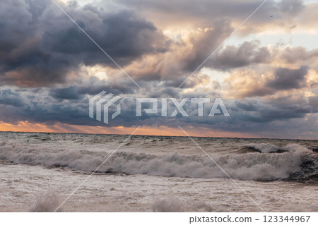 Beautiful landscape stormy sea and sky at sunset with clouds 123344967