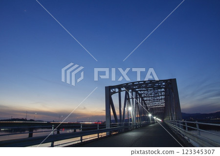 Scenery of Kasumi Bridge and Takahashi River, evening view, night view 123345307